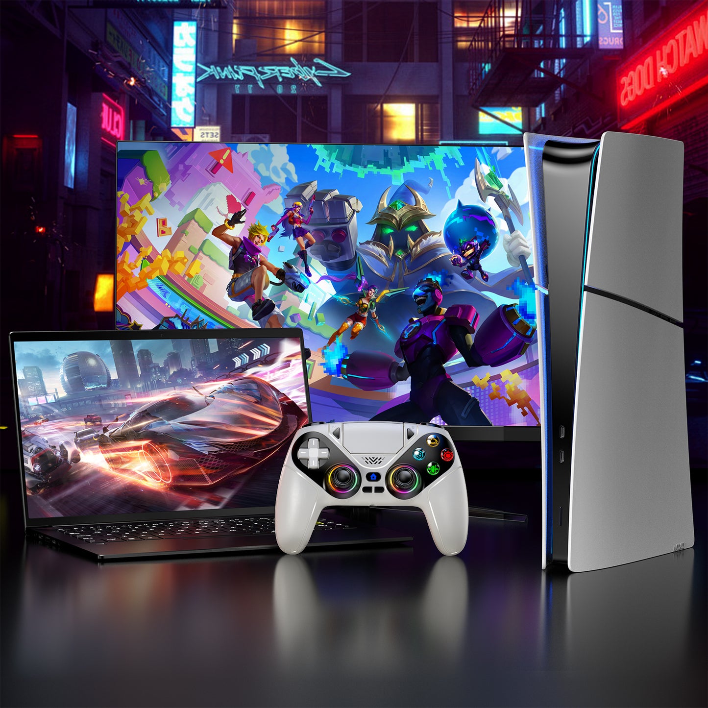 Gamrombo LED Wireless Controller for PS5, Compatible with PS5 Pro/Slim/PC, Dual Vibration, Macro/Turbo Function, 3.5mm Audio Jack, 6-Axis Motion Contro Gamepad with Speaker(White)