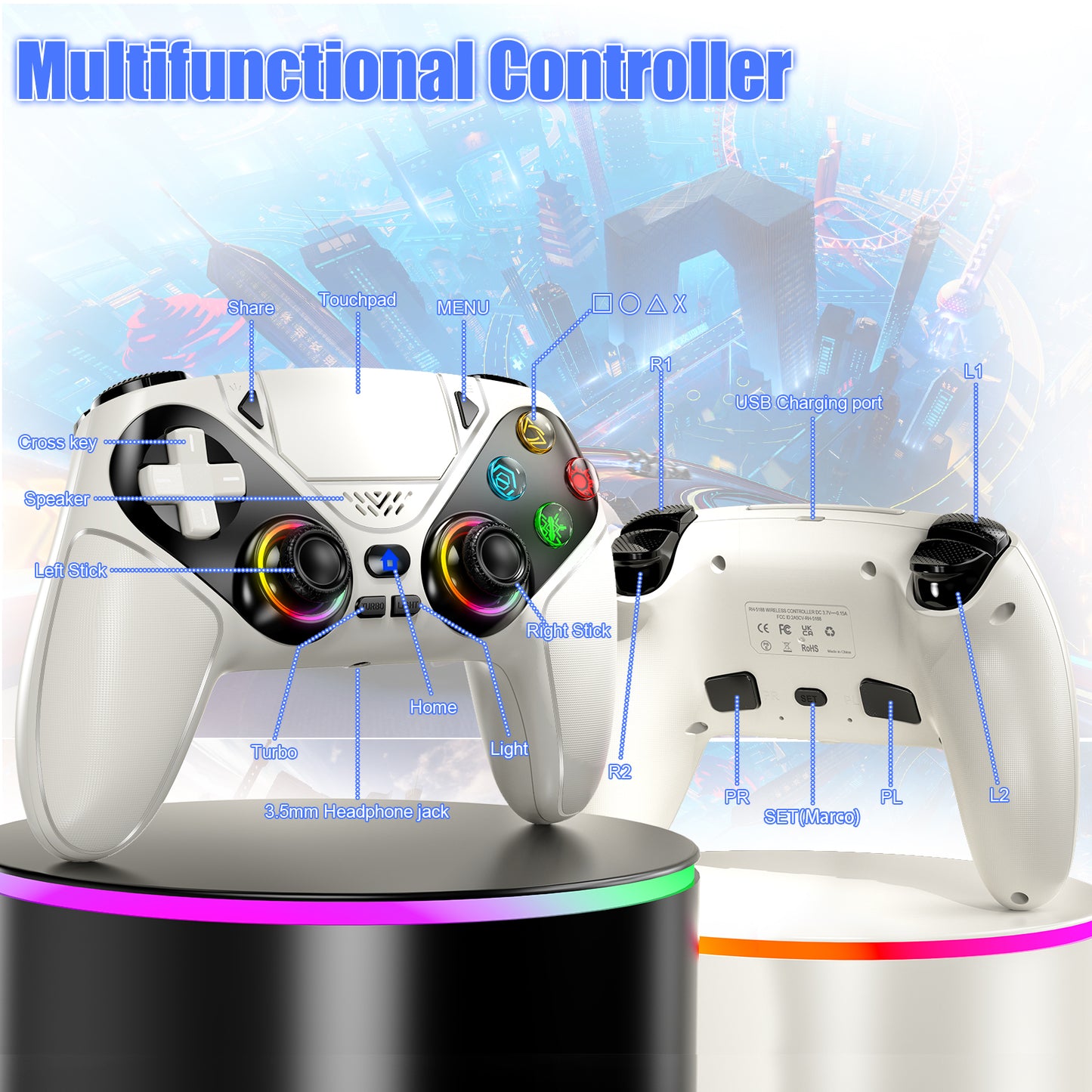 Gamrombo LED Wireless Controller for PS5, Compatible with PS5 Pro/Slim/PC, Dual Vibration, Macro/Turbo Function, 3.5mm Audio Jack, 6-Axis Motion Contro Gamepad with Speaker(White)