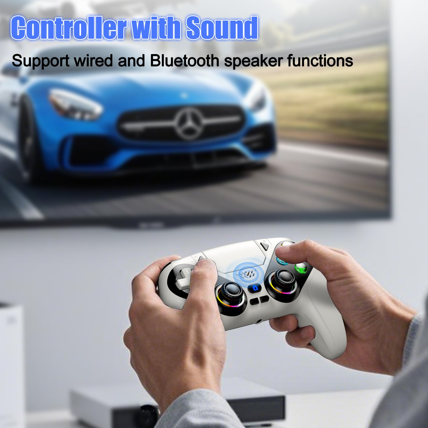Gamrombo LED Wireless Controller for PS5, Compatible with PS5 Pro/Slim/PC, Dual Vibration, Macro/Turbo Function, 3.5mm Audio Jack, 6-Axis Motion Contro Gamepad with Speaker(White)