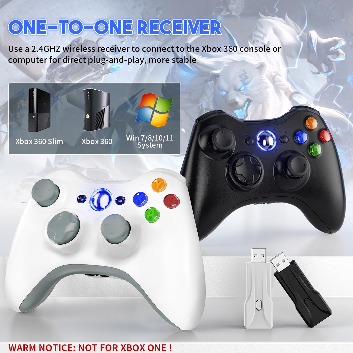 Gamrombo 2 Pack Replacement for Xbox 360 Controller, Wireless Controllers Gamepad Upgraded Joystick Compatible with 360 & Slim, Windows 11/10/8/7 PC Controller（White+Black）