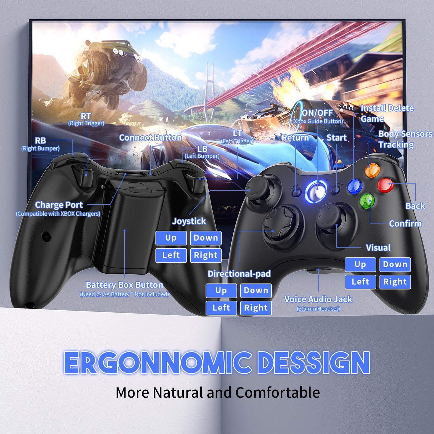 Gamrombo 2 Pack Replacement for Xbox 360 Controller, Wireless Controllers Gamepad Upgraded Joystick Compatible with 360 & Slim, Windows 11/10/8/7 PC Controller（White+Black）