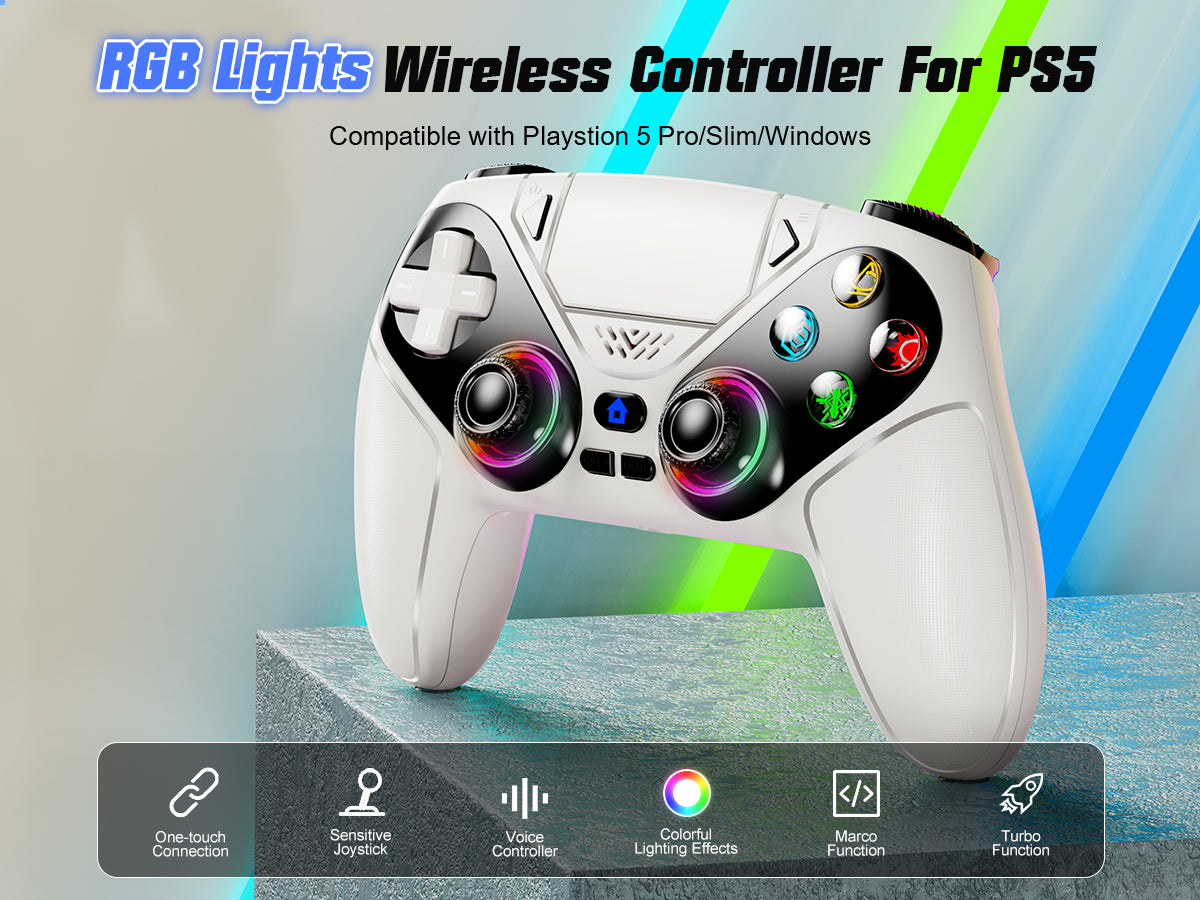 Gamrombo LED Wireless Controller for PS5, Compatible with PS5 Pro/Slim/PC, Dual Vibration, Macro/Turbo Function, 3.5mm Audio Jack, 6-Axis Motion Contro Gamepad with Speaker(White)